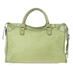 Pre Owned Balenciaga Green Perforated Classic Gold City Bag