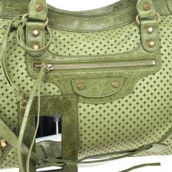 Pre Owned Balenciaga Green Perforated Classic Gold City Bag