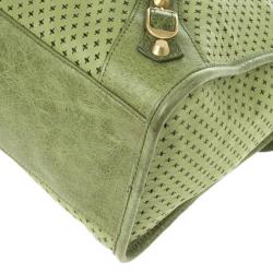 Pre Owned Balenciaga Green Perforated Classic Gold City Bag