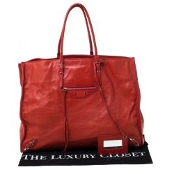 Pre Owned Balenciaga Red Leather Papier A4 Tote
