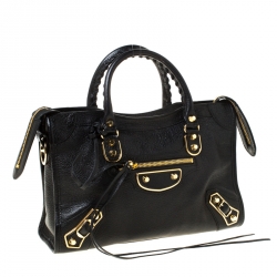 Pre Owned Balenciaga Black Leather Metallic Edge City Tote