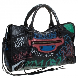 Pre Owned Balenciaga Black Graffiti Leather City Tote