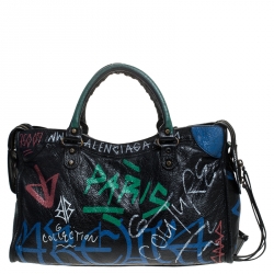 Pre Owned Balenciaga Black Graffiti Leather City Tote