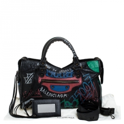 Pre Owned Balenciaga Black Graffiti Leather City Tote
