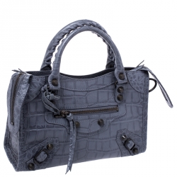 Pre Owned Balenciaga Grey Croc Embossed Leather RH Hardware Mini City Bag 