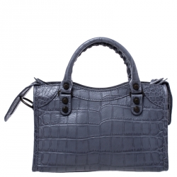 Pre Owned Balenciaga Grey Croc Embossed Leather RH Hardware Mini City Bag 