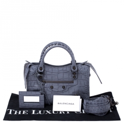 Pre Owned Balenciaga Grey Croc Embossed Leather RH Hardware Mini City Bag 