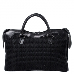 Pre Owned Balenciaga Black Leather and Mesh Silver Hardware City Bag