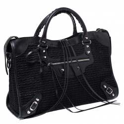 Pre Owned Balenciaga Black Leather and Mesh Silver Hardware City Bag