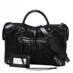 Pre Owned Balenciaga Black Leather and Mesh Silver Hardware City Bag