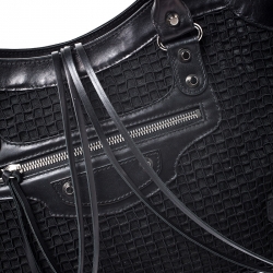 Pre Owned Balenciaga Black Leather and Mesh Silver Hardware City Bag