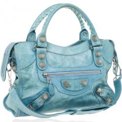 Pre Owned Balenciaga Light Blue Giant Silver City Bag