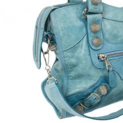 Pre Owned Balenciaga Light Blue Giant Silver City Bag