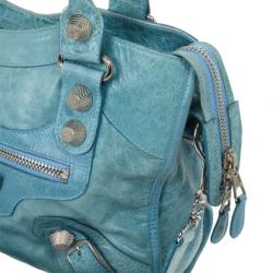 Pre Owned Balenciaga Light Blue Giant Silver City Bag