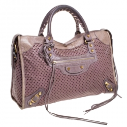 Pre Owned Balenciaga Lilac Cross Perforated Leather RH City Bag