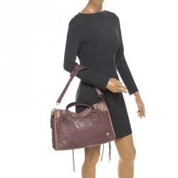 Pre Owned Balenciaga Lilac Cross Perforated Leather RH City Bag