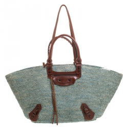 Pre Owned Balenciaga Light Blue Woven Raffia Large Tote 