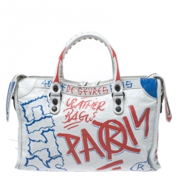 Pre Owned Balenciaga White Graffiti Leather Small City Tote 