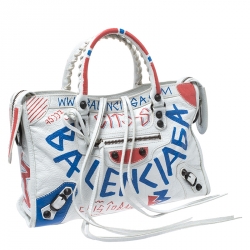 Pre Owned Balenciaga White Graffiti Leather Small City Tote 