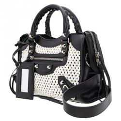 Pre Owned Balenciaga Black/White Leather Motocross Classic Mini City Bag