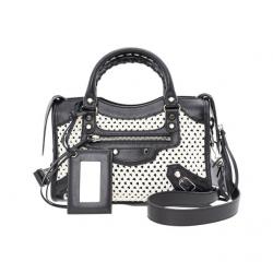 Pre Owned Balenciaga Black/White Leather Motocross Classic Mini City Bag