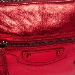 Pre Owned Balenciaga Metallic Red Leather Mini City Clutch 