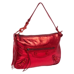 Pre Owned Balenciaga Metallic Red Leather Mini City Clutch 
