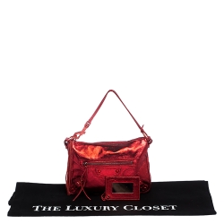 Pre Owned Balenciaga Metallic Red Leather Mini City Clutch 