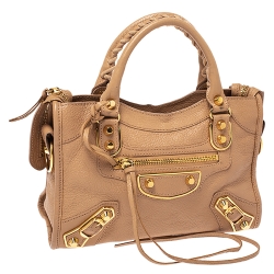 Pre Owned Balenciaga Beige Nougatine Leather Mini Metallic Edge City Bag