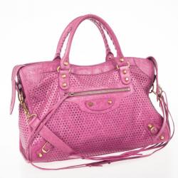 Pre Owned Balenciaga Sorbet Pink Perforated Classic Gold City Bag