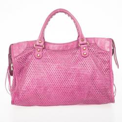 Pre Owned Balenciaga Sorbet Pink Perforated Classic Gold City Bag
