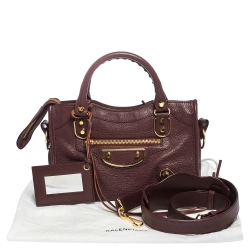 Pre Owned Balenciaga Grenat Leather Mini Metallic Edge City Bag
