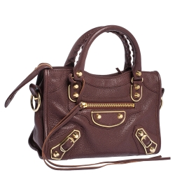 Pre Owned Balenciaga Grenat Leather Mini Metallic Edge City Bag