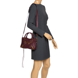 Pre Owned Balenciaga Grenat Leather Mini Metallic Edge City Bag