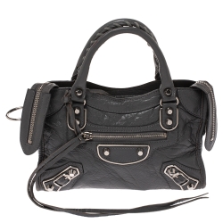 Pre Owned Balenciaga Gris Pyrite Leather Mini Metallic Edge City Bag