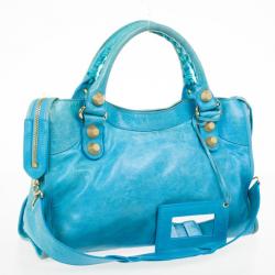 Pre Owned  Balenciaga Turquoise Lambskin Leather Giant 21 Gold City Bag