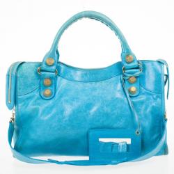 Pre Owned  Balenciaga Turquoise Lambskin Leather Giant 21 Gold City Bag