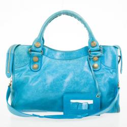 Pre Owned  Balenciaga Turquoise Lambskin Leather Giant 21 Gold City Bag