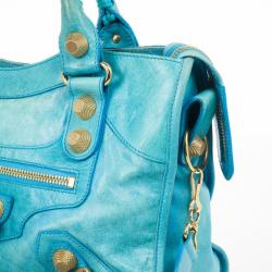 Pre Owned  Balenciaga Turquoise Lambskin Leather Giant 21 Gold City Bag
