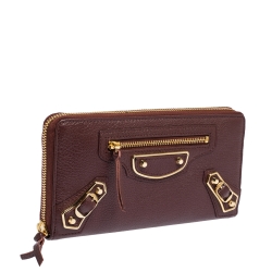 Pre Owned Balenciaga Grenat Leather Classic Metallic Edge Zip Around Wallet