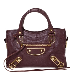Pre Owned Balenciaga Grenat Leather Mini Metallic Edge City Bag