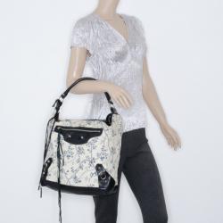 Pre Owned Balenciaga Floral Cotton & Black Chèvre Leather Work Bag