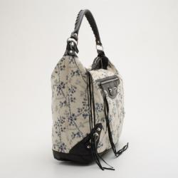 Pre Owned Balenciaga Floral Cotton & Black Chèvre Leather Work Bag