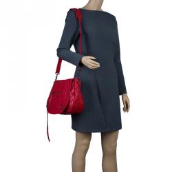 Pre Owned Balenciaga Red Lambskin Leather Folk Messenger Bag