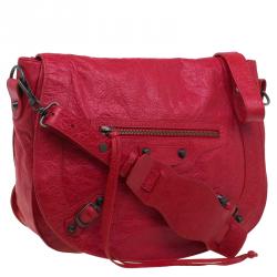 Pre Owned Balenciaga Red Lambskin Leather Folk Messenger Bag