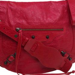Pre Owned Balenciaga Red Lambskin Leather Folk Messenger Bag