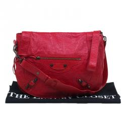 Pre Owned Balenciaga Red Lambskin Leather Folk Messenger Bag