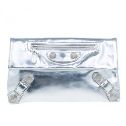Pre Owned Balenciaga Silver Laminated Calfskin Giant 21 Envelope Clutch