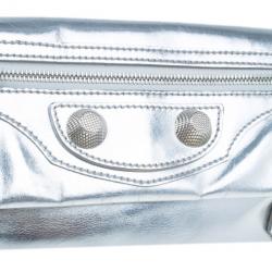Pre Owned Balenciaga Silver Laminated Calfskin Giant 21 Envelope Clutch