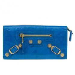 Pre Owned Balenciaga Blue Lambskin Continental Arena Giant Zip-Around Wallet
